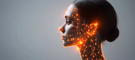Abstract Profile of a Digital Face with a Glowing Circuit Pattern on a Light Gray Backgroundの素材