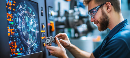 Skilled Operator Inspects Precision Milled Component, Highlighting Quality Control in Manufacturingの素材