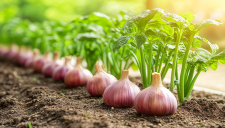 Rows Of Young, Fresh Garlic Growing In Vegetable Garden,. Selective Focus. High Angle Viewの素材