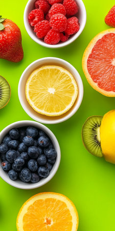Colorful Bowls Filled With Citrus Fruit, Berries, And Kiwi On A Vibrant Green Background.の素材