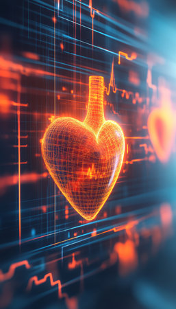 Glowing Digital Heart Icon on Abstract Grid Background with EKG, Healthcare Technology Illustrationの素材
