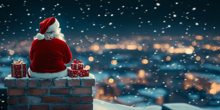 Santa Claus Taking a Break, Sitting on Rooftop with Presents, Snowy Night, Blurry City Lightsの素材