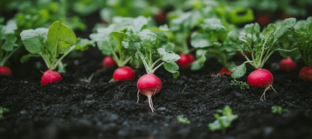 Close up fresh red round radishes, organic vegetables growing on farm garden bed soilの素材