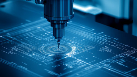 Precision CNC Milling Workstation Carving Intricate Design with Engineering Blueprints.の素材