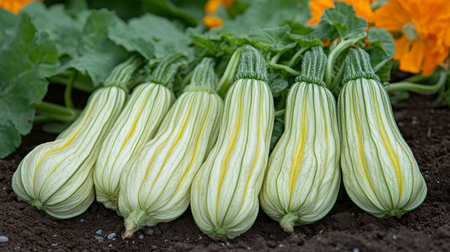 Striped Zucchini A Collection Of Fresh Green And Yellow Courgettes Growing In Garden Bedの素材