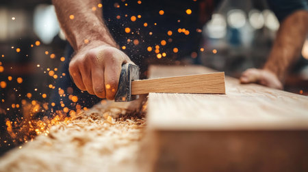 Golden Sparks Fly as Skilled Craftsman Shapes Wood, Sunlight Illuminating the Workshopの素材