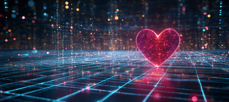 Glowing Digital Heart on Grid, Vector Style Illustration with Abstract Lines and Bokehの素材
