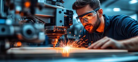 Skilled Engineer Supervising CNC Machining Process with Sparks in Workshop, Industrial Automationの素材