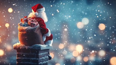 Santa Claus on Rooftop with Sack Full of Gifts, City Lights Bokeh, Snowfall, Christmas Eve Deliveryの素材