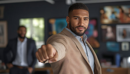 Confident Businessman Extending Fist Bump Gesture in Modern Office Setting, Agreement and Successの素材