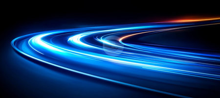Abstract, Motion Blurred Light Trails on a Dark Asphalt Highway, Long Exposure Photographyの素材