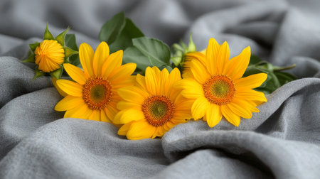 Three Vibrant Sunflowers in Full Bloom, Resting on Soft Gray Fabric with Ample Copy Spaceの素材
