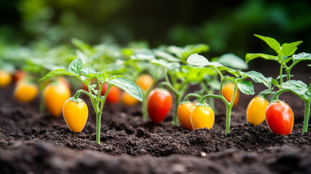 Young Pepper Plants, Fresh, Colorful Peppers Growing in Garden Soil, Organic Vegetable Gardenの素材