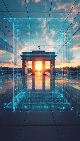 Berlin s Brandenburg Gate Historic Architecture Encased in Glowing Blue Digital Network at Sunsetの素材