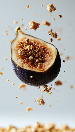 Ripe Fig in Mid-Air with Texture, Seeds, and a Splash of Granola on a White Backgroundの素材