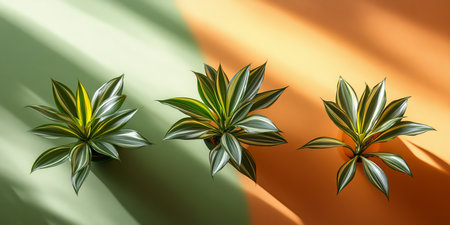 Three Potted Spider Plants with Striped Green and Yellow Leaves on Green and Orange Backgroundの素材