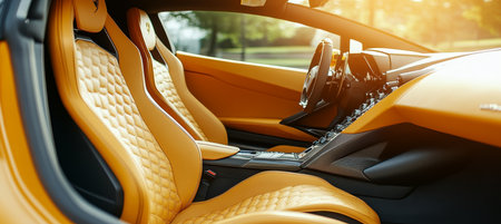 Luxury Sports Car Interior, Honeycomb Leather Seats, High-Tech Dashboard, Blurred Backgroundの素材