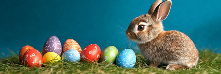 Cute Easter bunny sitting in grass surrounded by brightly colored eggs, on blue backgroundの素材