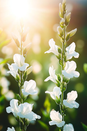 Delicate White Wildflowers Bathed in Golden Sunlight With Soft, Dreamy Bokeh Backgroundの素材