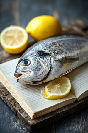 Fresh Dorado Fish on Open Recipe Book, Lemons, Culinary Concept, Wooden Background, Top Viewの素材