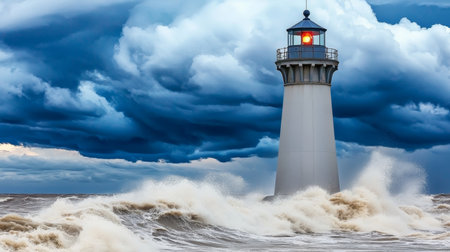 Lighthouse Beacon of Hope, Standing Strong Against Raging Ocean Storm with Dramatic Skyの素材