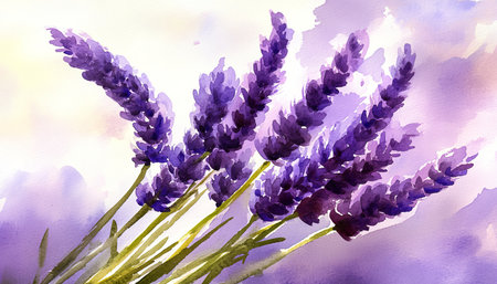 Purple lavender bouquet, minimalist floral artwork, watercolor, delicate flora, ethereal painting.の素材