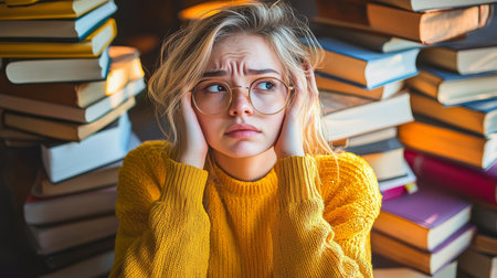 Overwhelmed Student Amidst Stacks of Books in Sunlit Study Room, Frustrated Expressionの素材