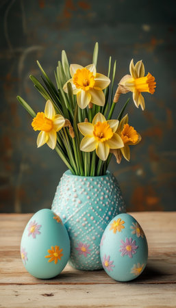 Blue Decorated Easter Eggs with Fresh Yellow Daffodil Spring Flower Bouquet Arrangementの素材