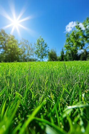 Lush Green Meadow, Vibrant Blue Sky With Fluffy Clouds, And Bright Sunshine On Summer Day.の素材