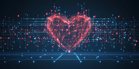 Glowing Red Heart in Abstract Cyberspace with Dots and Lines Digital Network Communication.の素材