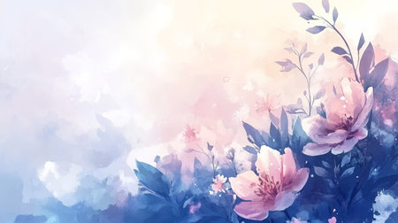 Gentle Blue Watercolor, Delicate Floral Branches, Soft Ethereal Light, Artistic Backgroundの素材
