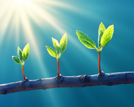 New Life on a Branch Vibrant Green Leaves Sprouting in Spring Sunlight, Nature s Renewalの素材