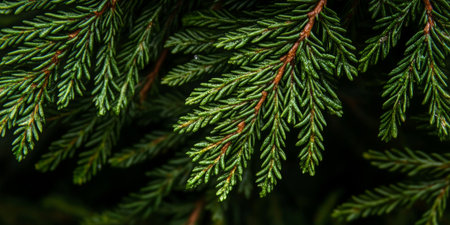 Close-up of Lush Evergreen Branches, Vibrant Thuja Texture, Natural Background of a Coniferous Treeの素材