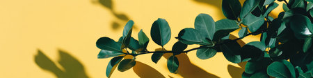 Green Leaves and Their Shadows Create an Artistic Pattern on a Vibrant Yellow Backdropの素材