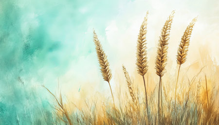 Tranquil Meadow Wild Grasses in a Watercolor Wash of Turquoise Serenity, Nature, Backgroundの素材
