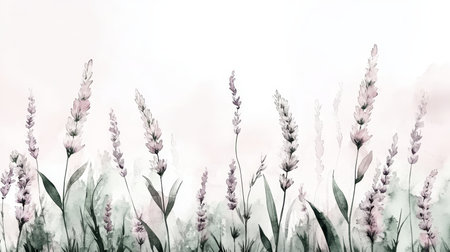 Pastel Lavender Floral Watercolor Background, Delicate Floral Arrangement, Purple And Green Huesの素材