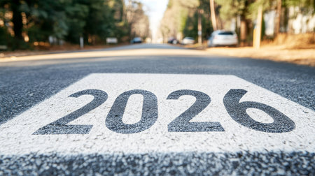 Road to 2026. Number 2026 Painted on Asphalt Road. Concept of Future, Hope, New Year.の素材