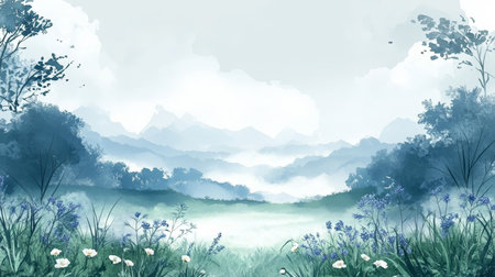 Misty Mountain Valley, Watercolor Landscape, Delicate Flowers, Pastel Green and Lavender Tonesの素材