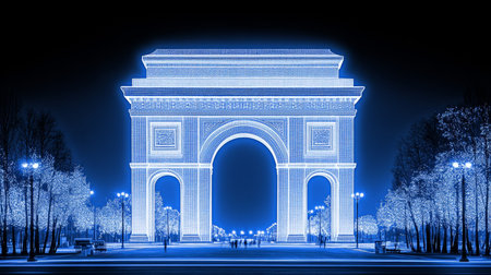 Triumphal Arch in Digital Network Style, Big Data and Technology Concept Rendered in 3D.の素材
