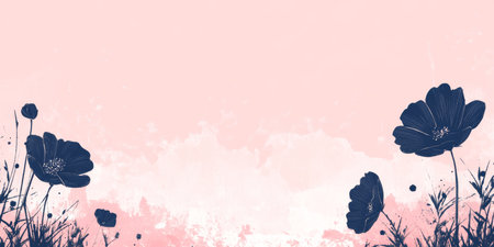 Gentle, Peach Background with Watercolor Washes and Detailed, Blue-Hued Wildflower Accentsの素材