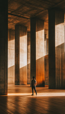 Man Standing Alone in Large Industrial Hallway or Corridor with Natural Geometric Light Beamsの素材