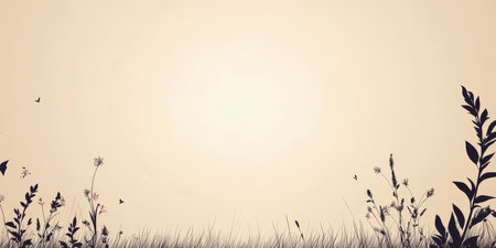 Delicate Floral Outlines on a Creamy Yellow Watercolor Backdrop with Tiny Stars and Subtle Depthの素材