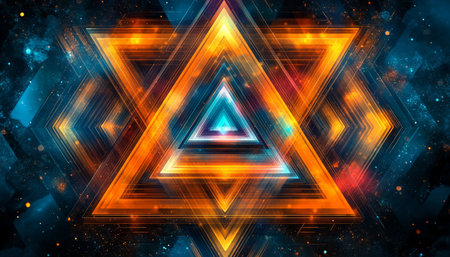 Abstract Symmetrical Network, Glowing Lines, Cyan And Orange on Black, Geometric, Technical Designの素材