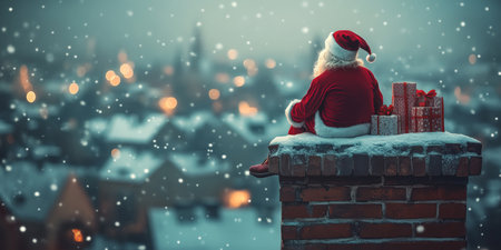 Santa Claus taking a break on snowy rooftop, cozy cityscape bokeh lights, festive Christmas giftsの素材
