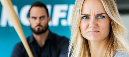 Businesswoman Feeling Threatened And Intimidated By Male Colleague Holding Baseball Bat In Officeの素材