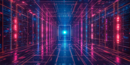 Cybernetic Corridor Abstract Data Pathways with Central Blue Light Cluster in Vivid Colorsの素材