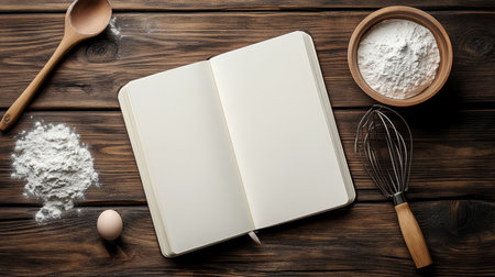 Open Recipe Notebook Mockup With Ingredients, Top View, Wooden Background, Vegan Bakingの素材