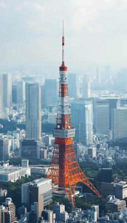 Red and White Communication Tower Overlooking Cityscape, Urban Landmarks and Architectureの素材