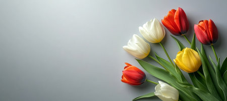 Colorful Spring Flower Arrangement with Tulips on a Light Gray Background with Copy Spaceの素材