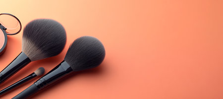 Makeup Brushes and Powder Compacts on a Peach Background A Flat Lay of Beauty Essentialsの素材